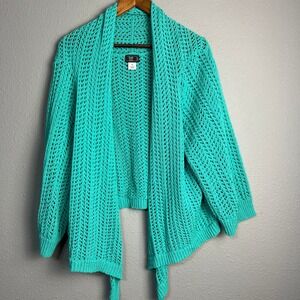 Lark Lane Teal Blue Open Knit Crochet Cardigan Duster Drapped Front Cover Up 3X‎